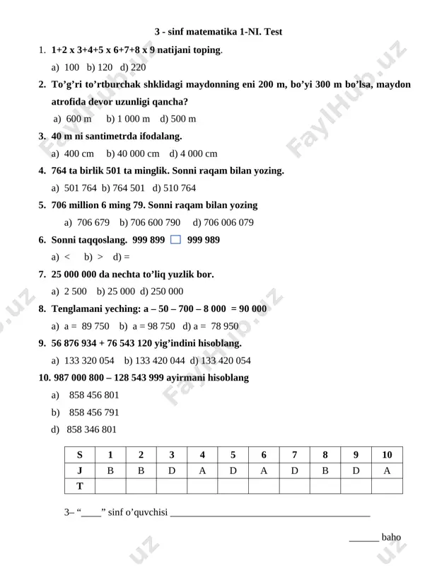 3-sinf 1-nazorat ishi. test javobi — DOCX