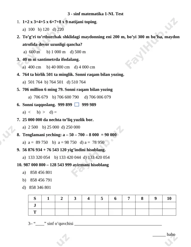 3-sinf 1-nazorat ishi. test — DOCX
