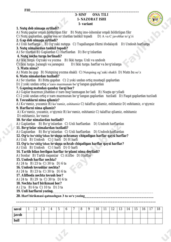 1- nazorat ishi ona tili 3- sinf — PDF