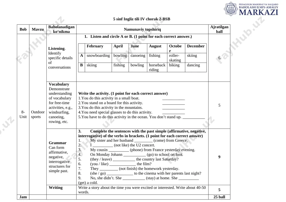 5-sinf ingliz tili 4-chorak demo bsb 2 — DOCX