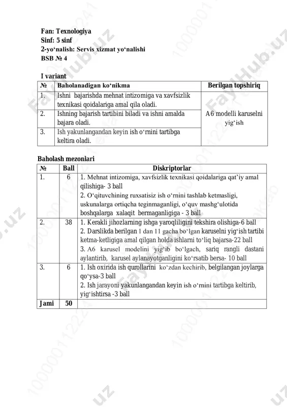 5-sinf texnologiya servis 4-bsb @summativ_formativ_baholash — PDF