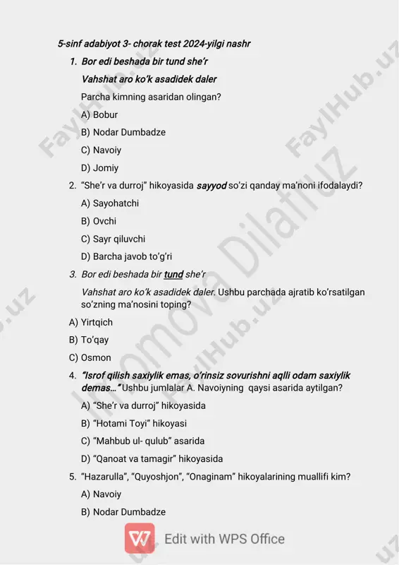 5-sinf adabiyot 3-chorak test — PDF