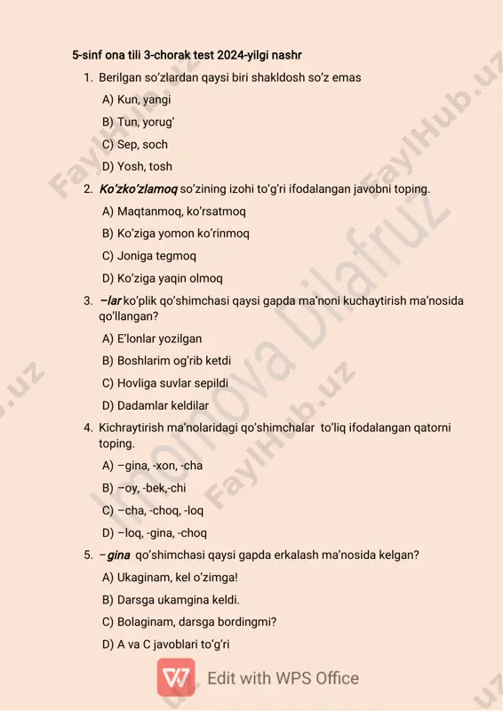 5-sinf ona 3-chorak test 2024 yilgi nashr asosida — PDF