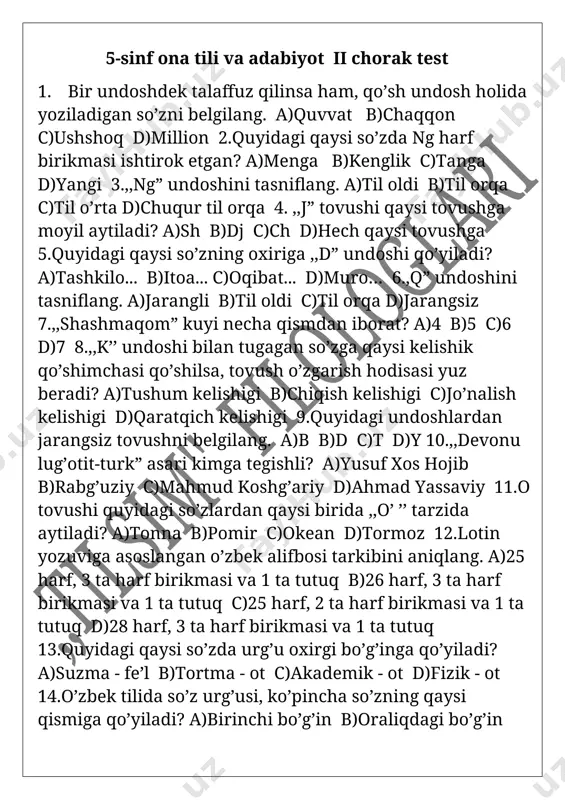 5-sinf ona tili va adabiyot ii chorak test. 30 talik — DOCX