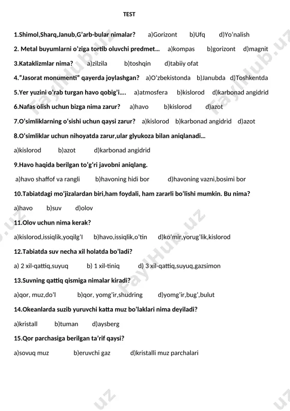 test tabiiy fan 3-chorak 18-mart — DOCX