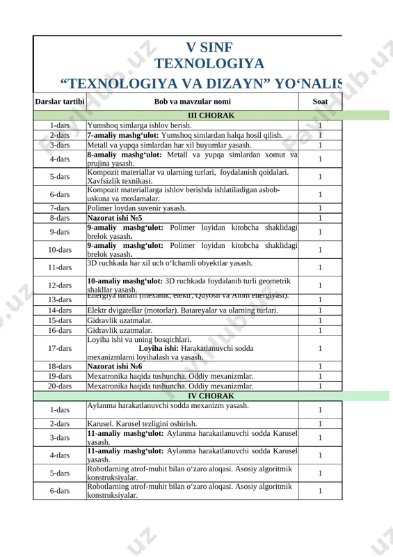 texnologiya amaldagi 5-sinf td 2024-2025 — XLSX