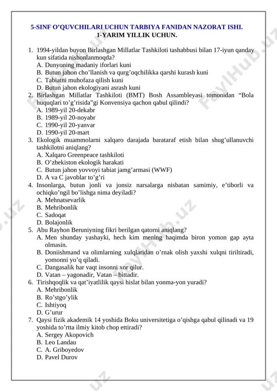 5-sinf tarbiya 1-yarim yillik nazorat ishi — DOCX