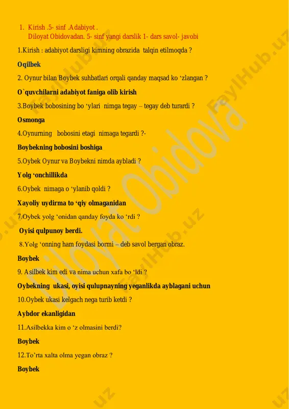 5- sinf adabiyot .kirish .savol- javob.@diloyat _obidovadan — PDF