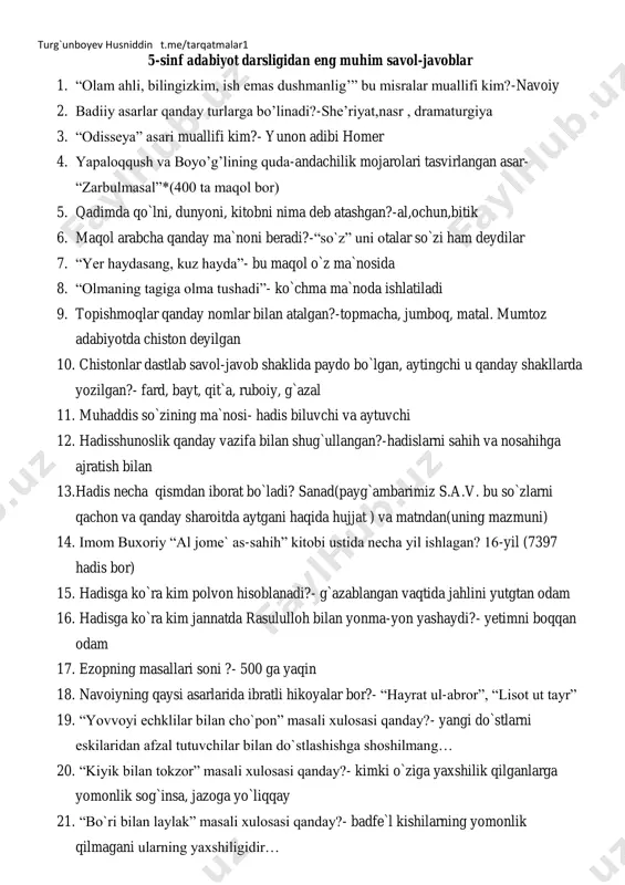 5-sinf adabiyot savol-javobi faqat testga tayyorlov1 — PDF