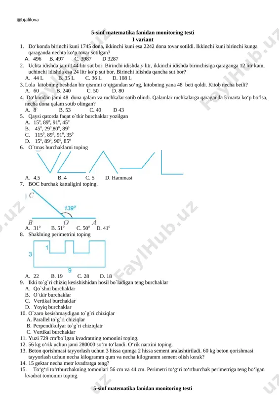 ii chorak 5-sinf uchun matematikadan monitoring testi — DOCX