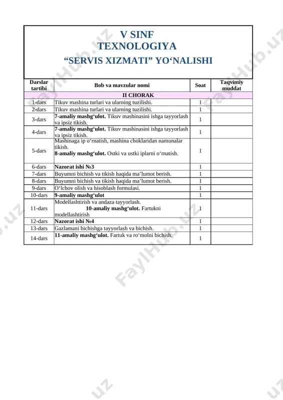 texnologiya 5-sinf s.x amaldagi — XLSX