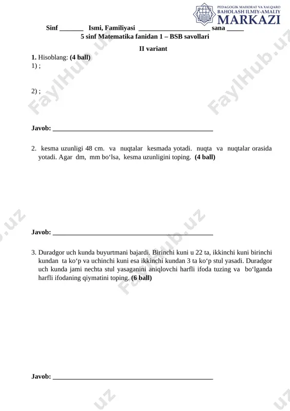 5-sinf matematika 2-variant bsb @summativ_formativ_baholash — DOCX