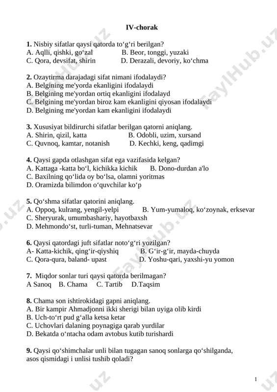 6-sinf ona tili 4-chorak test @e_baza_ishreja — DOCX