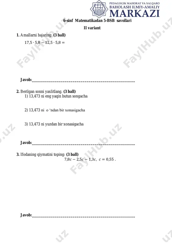 ii chorak. 6 sinf 5 bsb matematika umumtalim ii variant — PDF