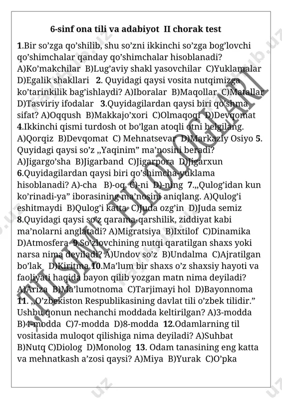 6-sinf ona tili va adabiyot ii chorak test. 30 talik — DOCX