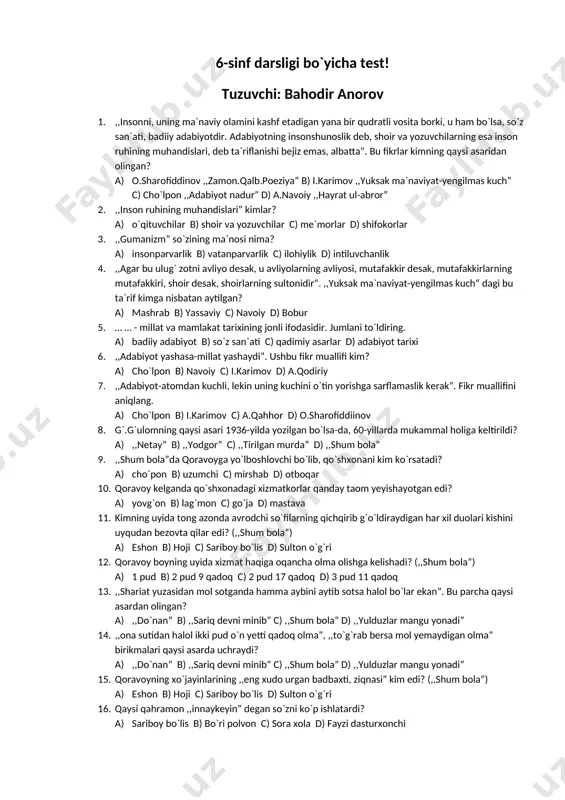 6-sinf ad] test mavzulashtirilgan — DOCX