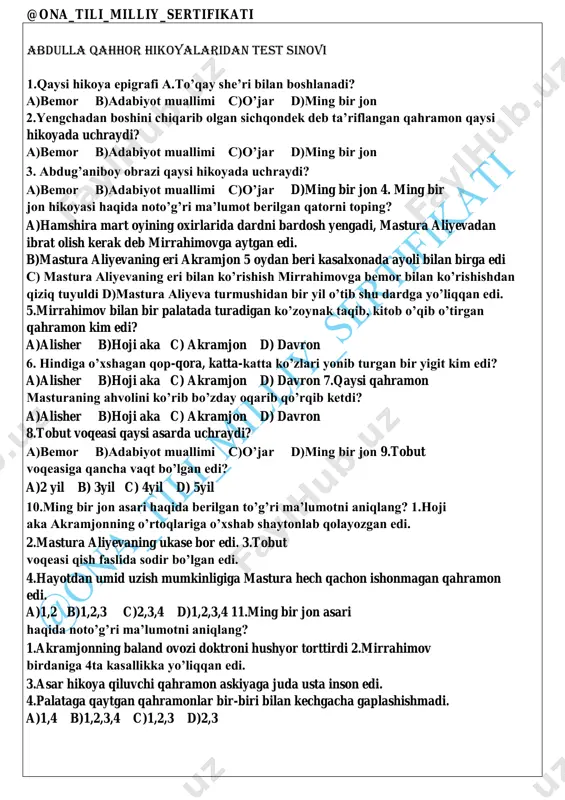 abdulla qahhor hikoyalaridan test sinovi — PDF