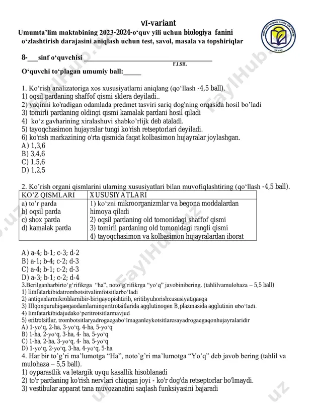 8 sinf biologiya 4 variant — PDF