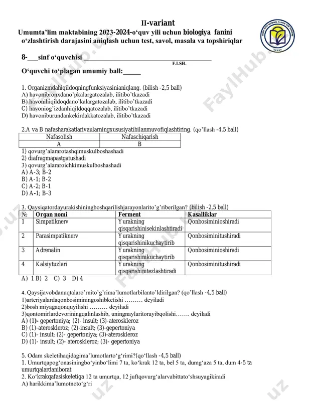 8 sinf biologiya 2 variant — PDF