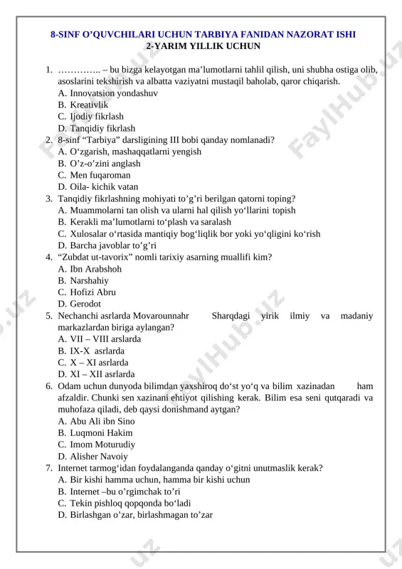 8-sinf tarbiya 2-yarim yillik nazorat ishi — DOCX
