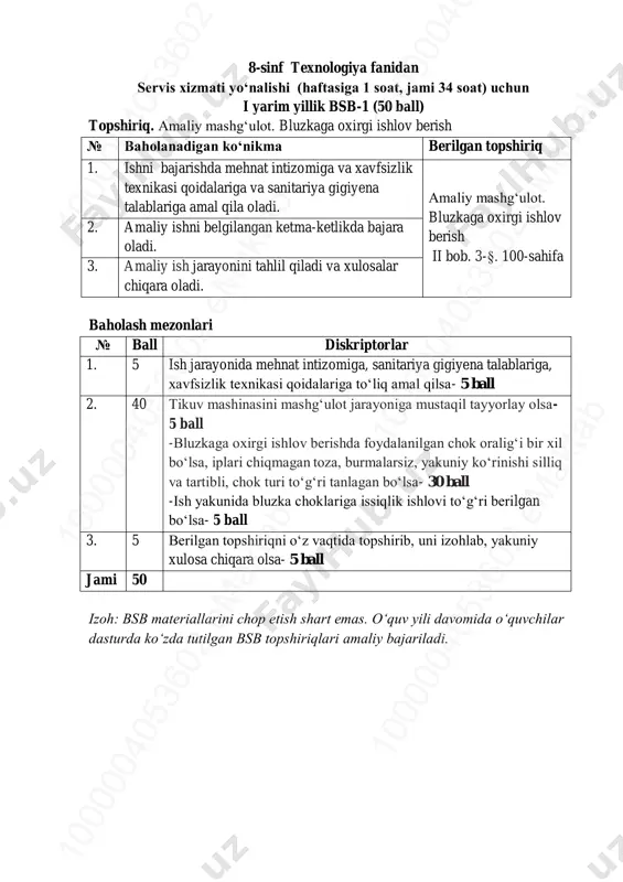 8-sinf texnologiya servis 1-bsb @summativ_formativ_baholash — PDF