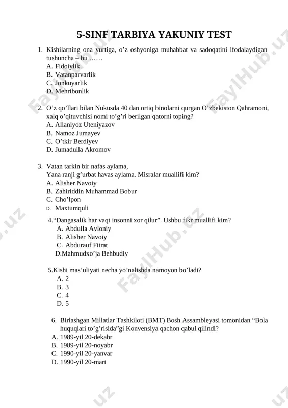 5-sinf yakuniy test tarbiya — DOCX
