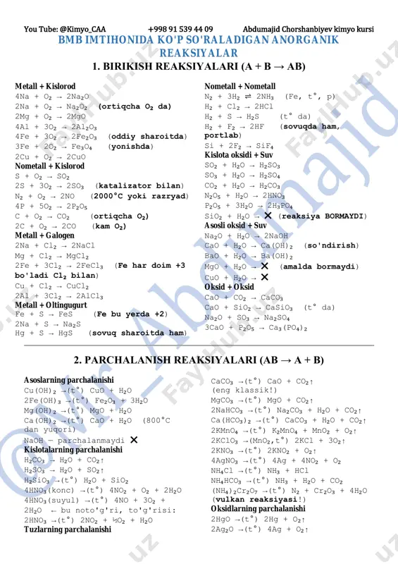 aralashmaga doir reaksiya tenglamalari — PDF
