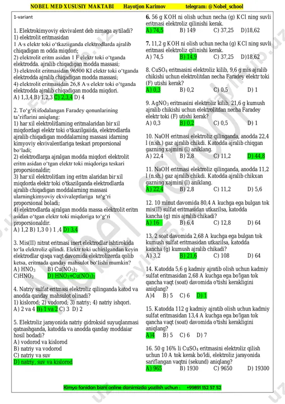 elektroliz (nobel_school) 1-2 variant javobli — PDF