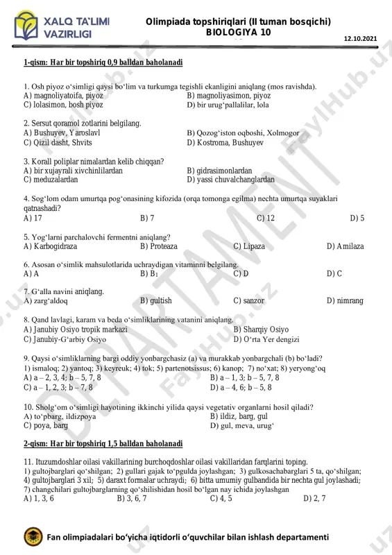 10 biologiya savollar uzb — PDF
