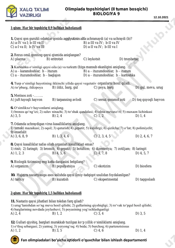 9 biologiya savollar uzb — PDF
