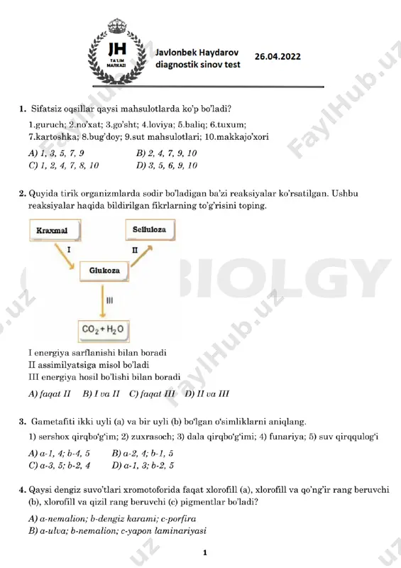 diagnostik test biologiya (2021-2022-yil mavsum) — PDF