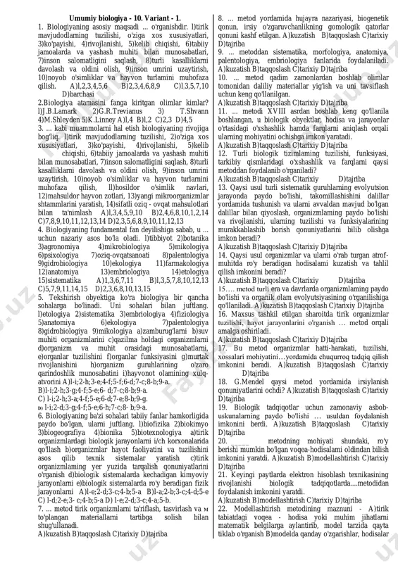 10-biologiya fanidan umumiy test savollari kitobcha — PDF