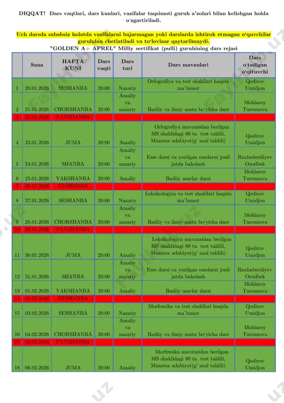 milliy aprel dars jadvali — PDF