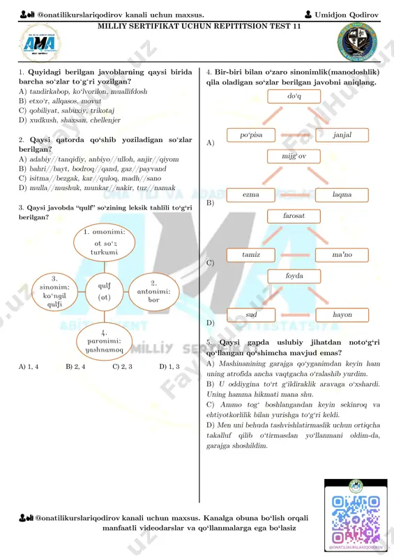 milliy sertifikat uchun repititsion test 11 javobsiz — PDF