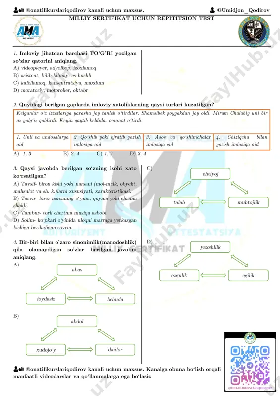milliy sertifikat uchun repititsion test 4 javobsiz — PDF