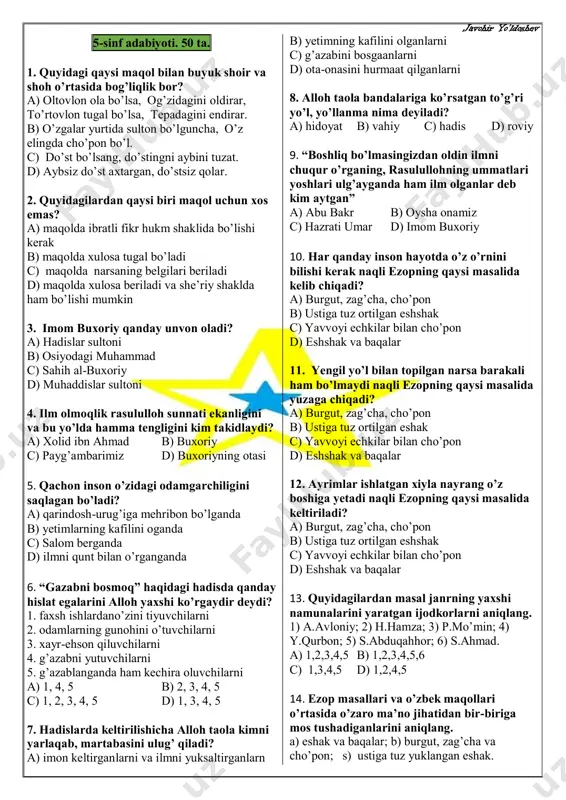 5-sinf adabiyot aralash 50 ta (javobsiz) — PDF