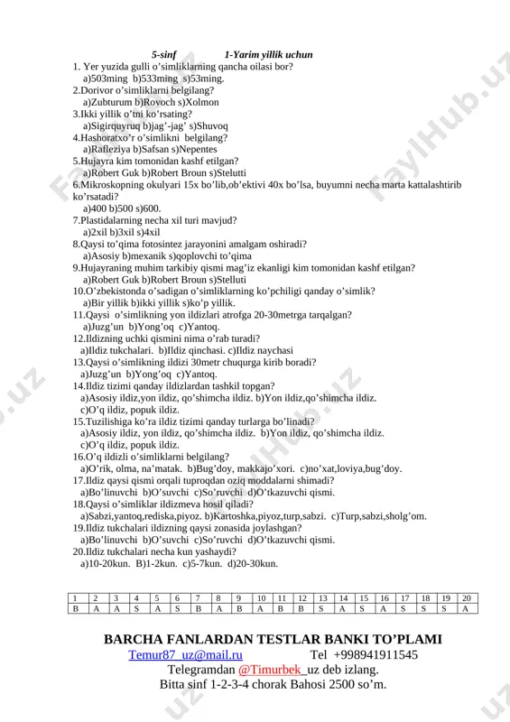 5-sinf botanika fanidan test — DOCX