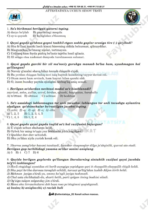 attestatsiya uchun sinov testi 16 t — PDF