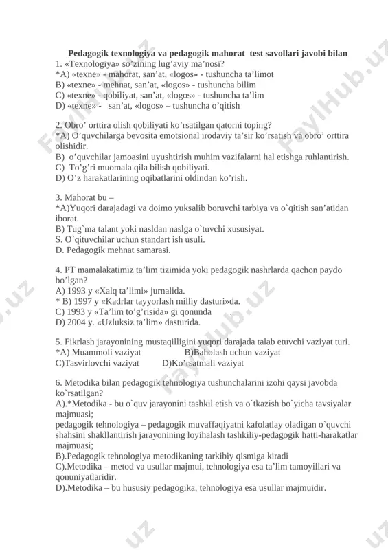 pedagogik_texnologiya_va_pedagogik_mahorat_test_savollari_javobi@e — DOCX