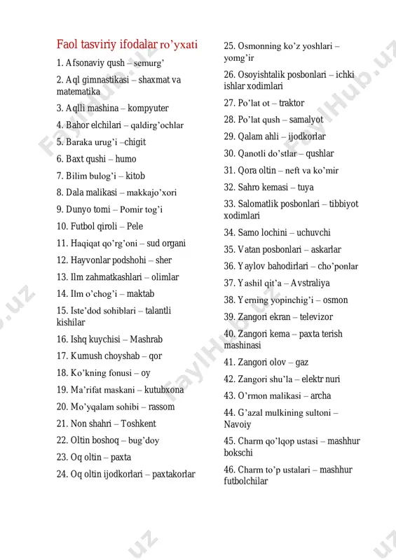 faol tasviriy ifodalar ro'yxati — PDF