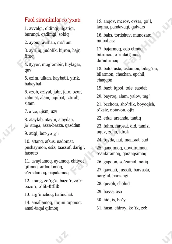 faol sinonimlar ro'yxati — PDF