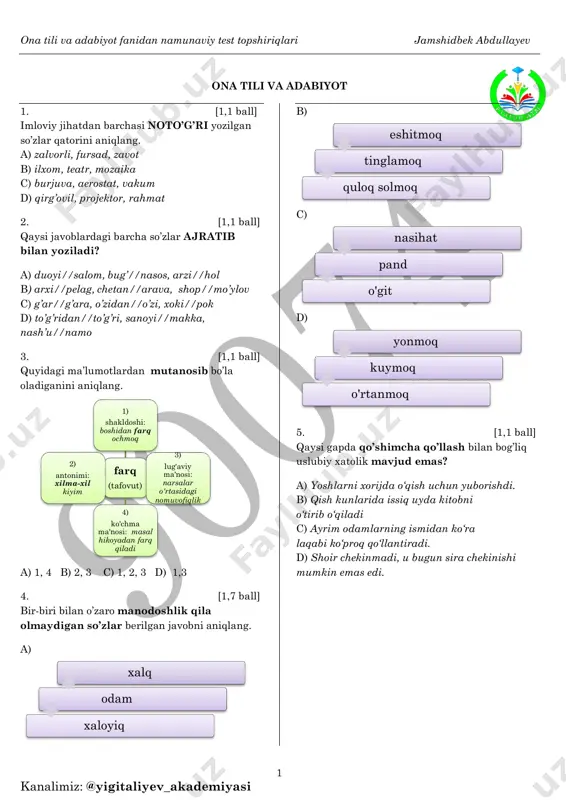 jamshidbek abdullayev sertifikat ona tili test 4-test — PDF