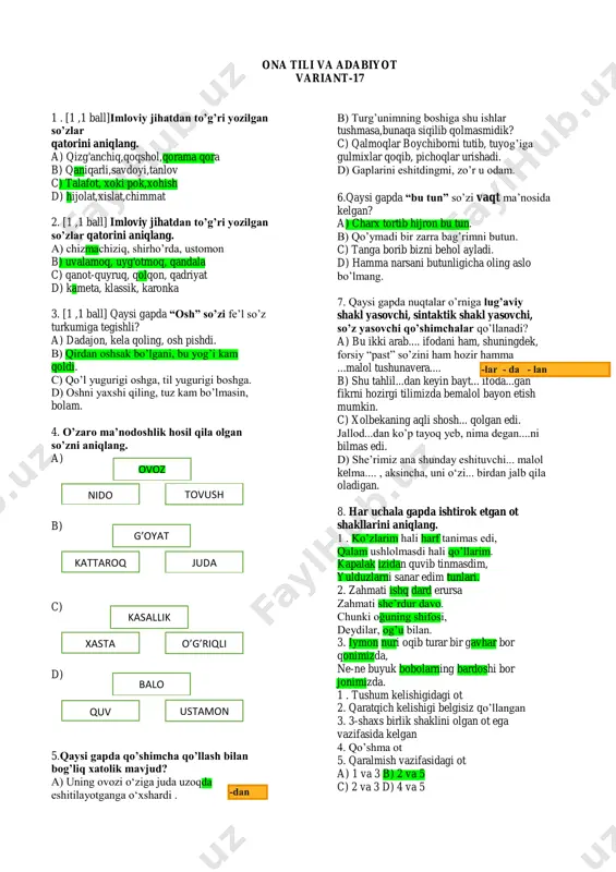 milliy sertifikat diagnostik test 5 javobi — PDF