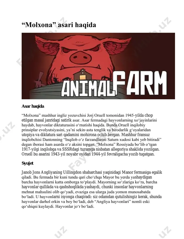 molxona asari syujeti va tahlili — PDF