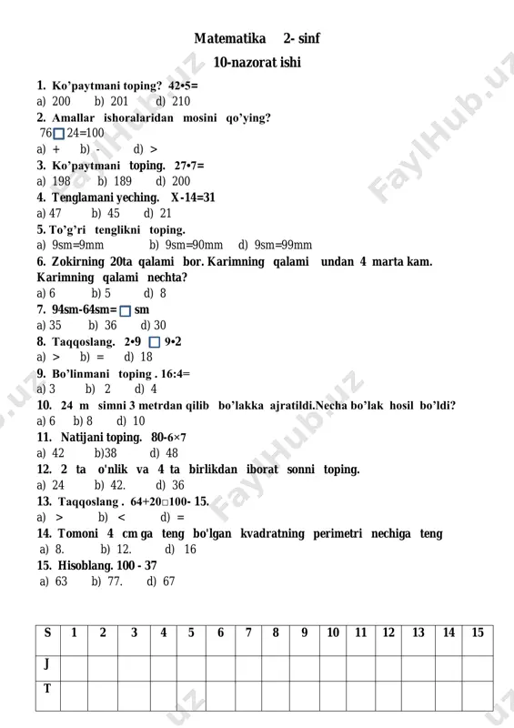 10- nazorat ishi matem 2- sinf test sinovi — PDF