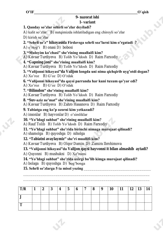 9- nazorat ishi o'qish savodxonligi — PDF