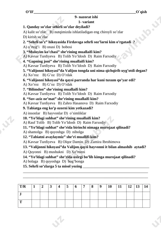 9- nazorat ishi o'qish savodxonligi — DOCX