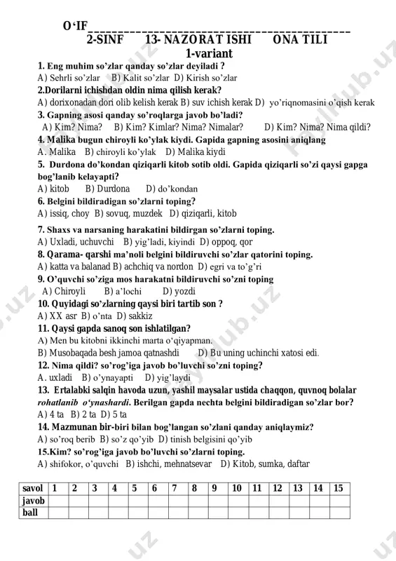 13- nazorat ishi ona tilidan 2- sinf — PDF