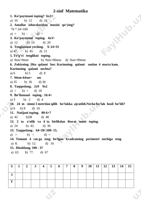 2-sinf matematika test yangi — DOCX