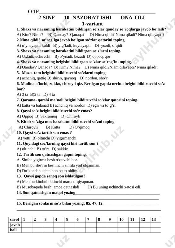 10- nazorat ishi ona tilidan 2- sinf — DOCX